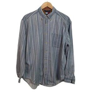 Vintage Tommy Hilfiger Blue Chambray Denim Allover Geometric Print Dad Shirt